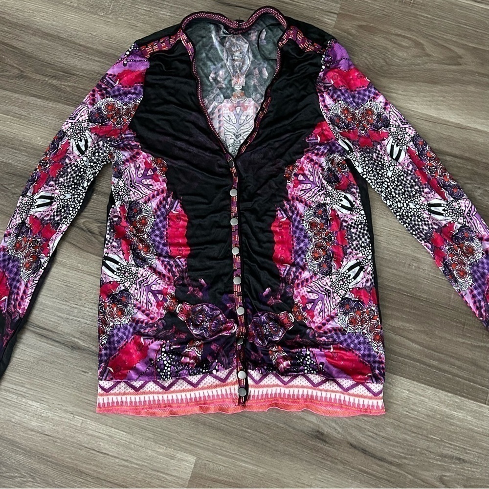 CUSTO Barcelona Vintage multicolored Graphic V-neck Button Up Top Women Sz Small